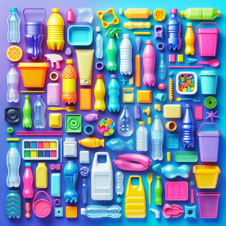 A colorful assortment of plastic bottles, containers, and packaging arranged in an artful display.