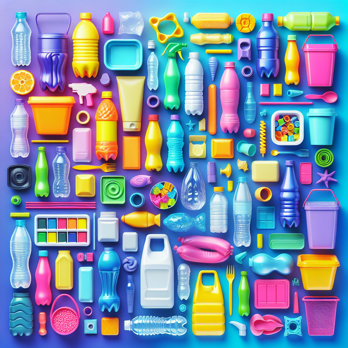 A colorful assortment of plastic bottles, containers, and packaging arranged in an artful display.