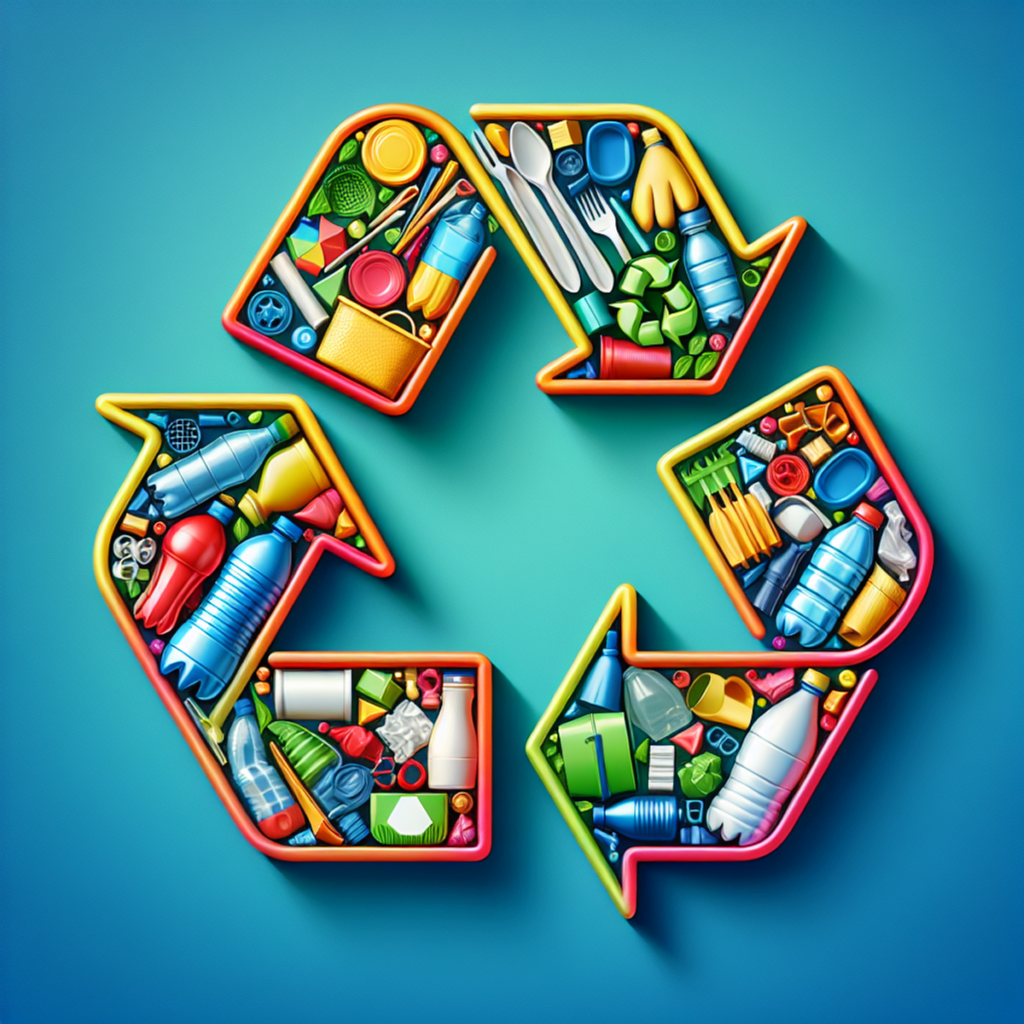 A vibrant and colorful recycling symbol filled with plastic bottles, bags, cutlery, and packaging.