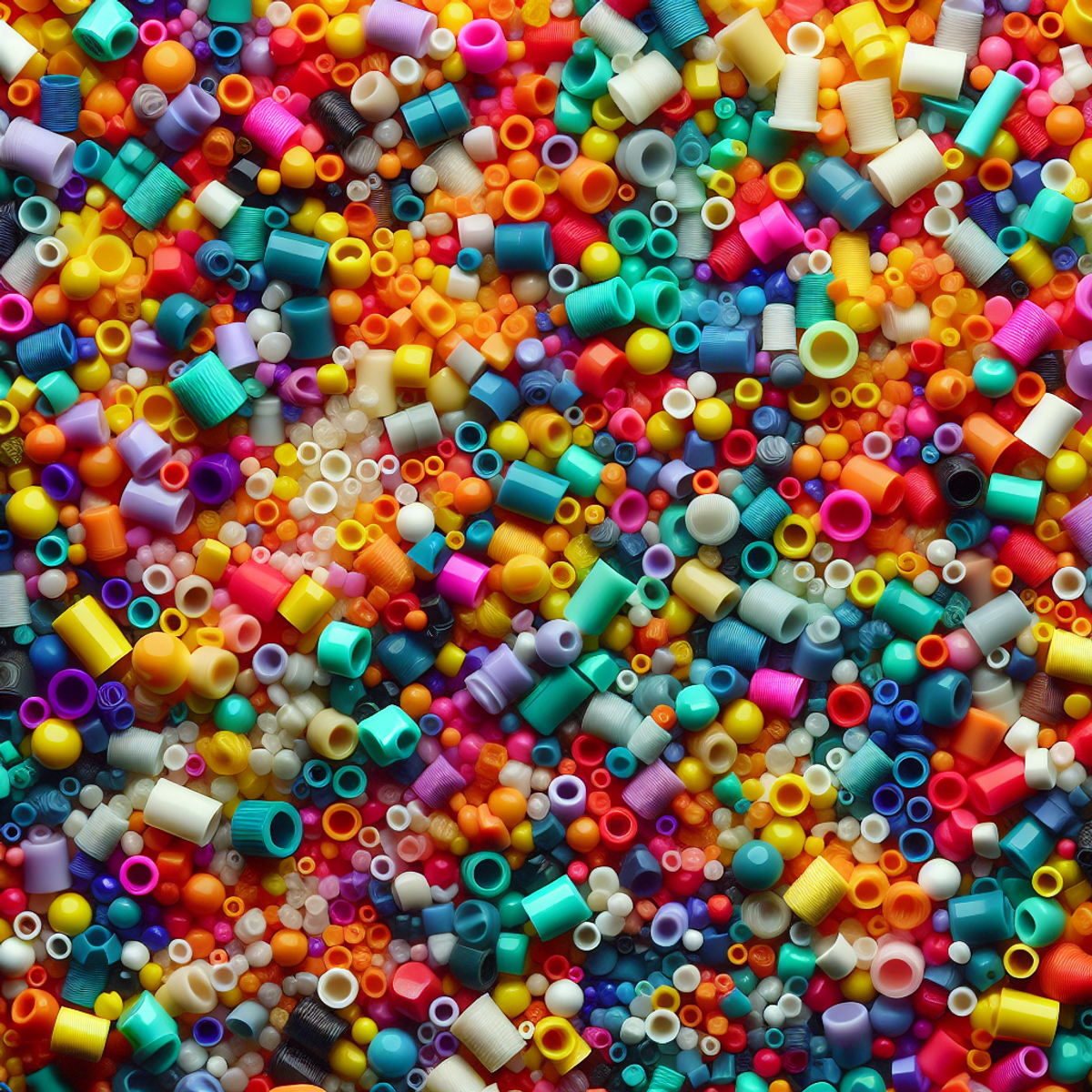 Close-up of vibrant, multicolored PVC plastic granules spread randomly, showcasing their diversity and potential for molding into customized shapes.