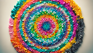 Colorful plastic pellets arranged in a circular pattern.