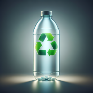 Translucent plastic bottle with recycling symbol.